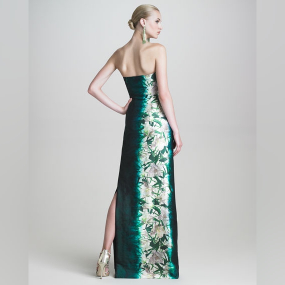○$4,800 OSCAR DE LA RENTA GREEN FLORAL SILK GOWN US 10 L - Picture 4 of 16